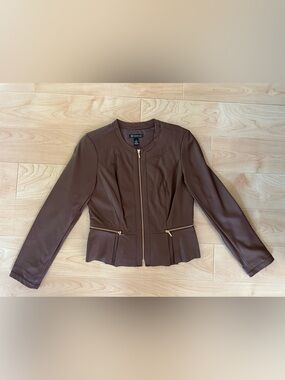 INC International Concepts Brown Faux-Leather Zip Peplum Jacket medium